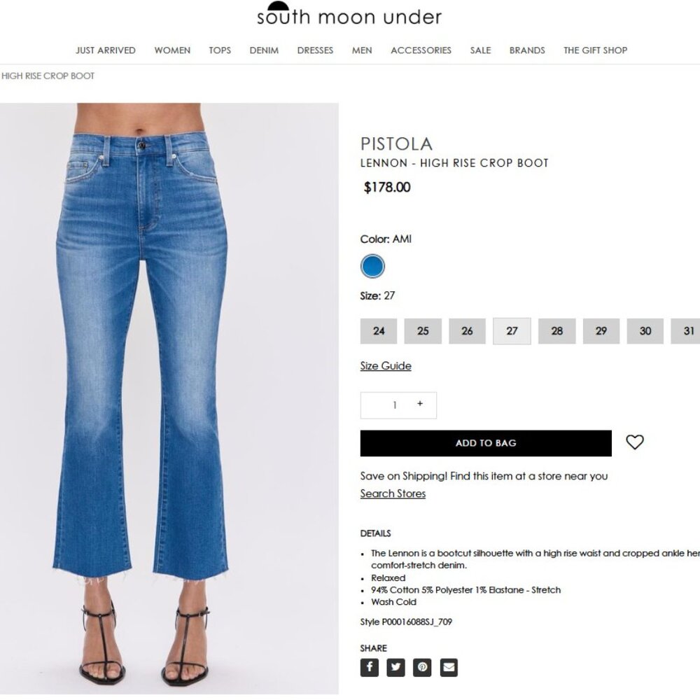 Pistola Lennon High Rise Bootcut Jean Countryside Size 27/4 Cropped